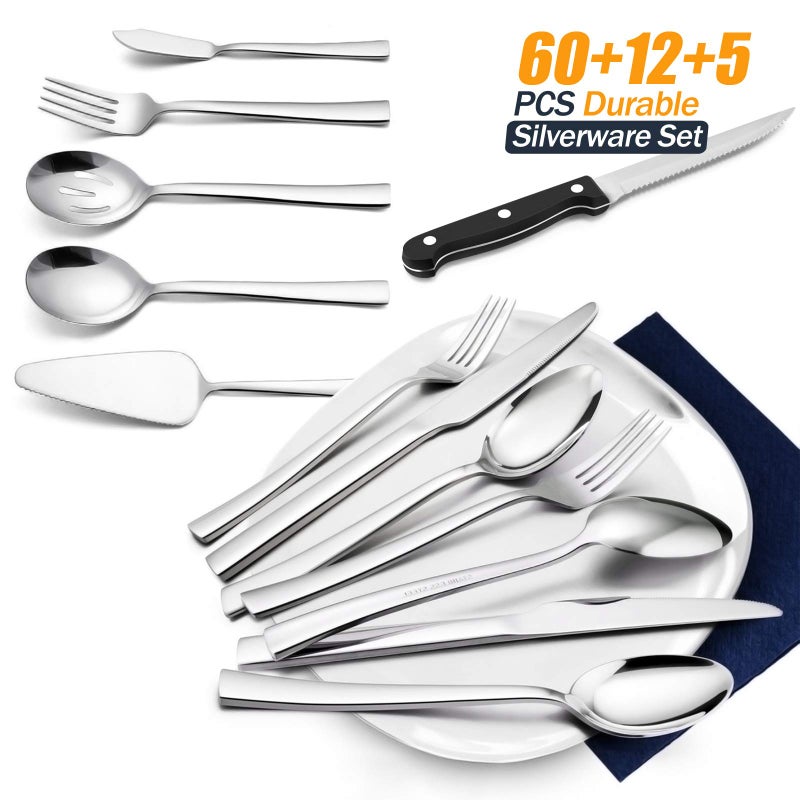 HaWare 77-Piece Silverware Set with Steak Knives, Solid Stainless Steel Flatware Utensils, Modern Elegant Cutlery Tableware Set, Attach Serving Set, Mirror Polished, Dishwasher Safe-Service for 12 - Image 2